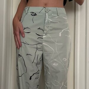 Princess Polly Sage Green Wide Leg Pants with Sketch Print